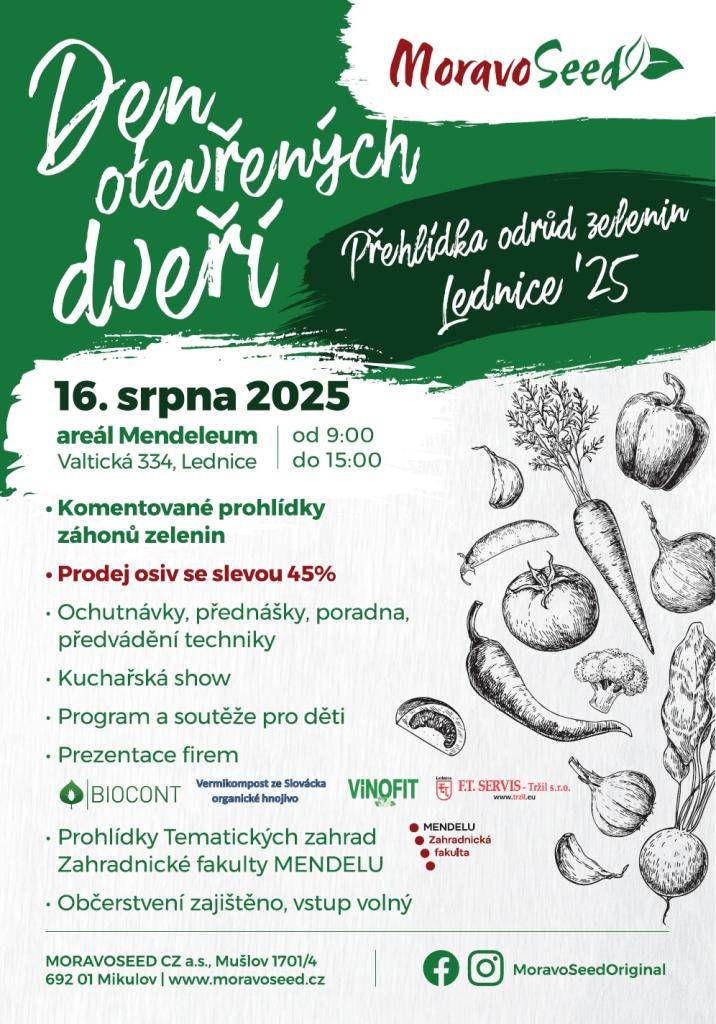 Společnost MORAVOSEED Mikulov vás zve na Den otevřených dveří – Přehlídku odrůd zelenin Lednice ´25, která se koná v sobotu 16. srpna, od 9 do 15 hod. v Lednici, v areálu Mendeleum na ulici Valtická 334.