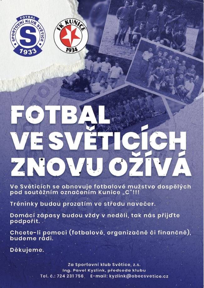 Ve Světicích se obnovuje fotbalové mužstvo. Přijďte si zakopat! ⚽