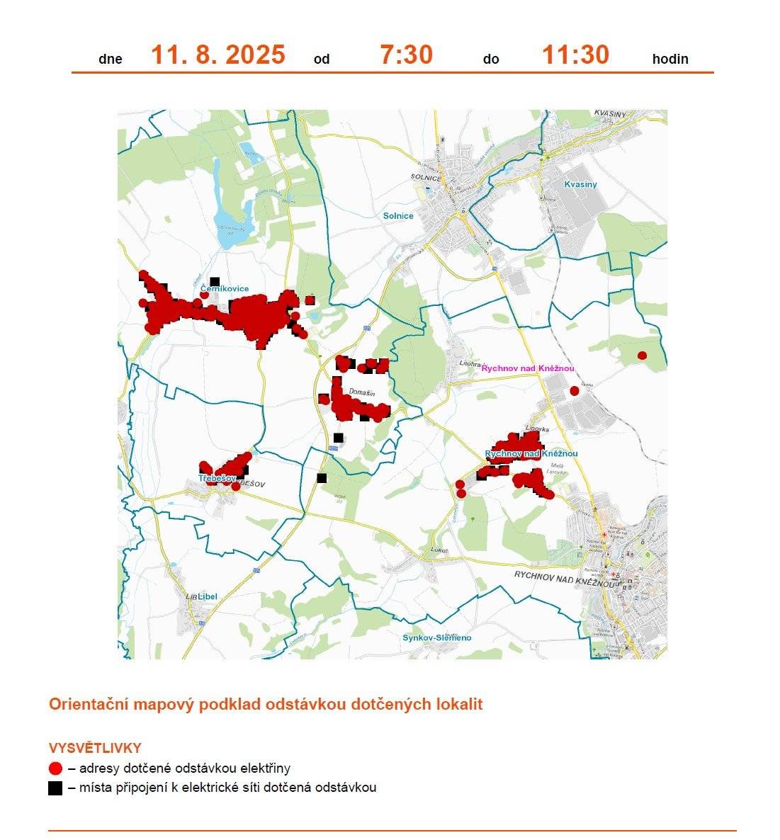 V pondělí 11. srpna 2025 proběhne v obci plánovaná odstávka elektrické energie. Odstávka potrvá od 7:30 do 11:30 hodin a dotkne se všech domácností.
