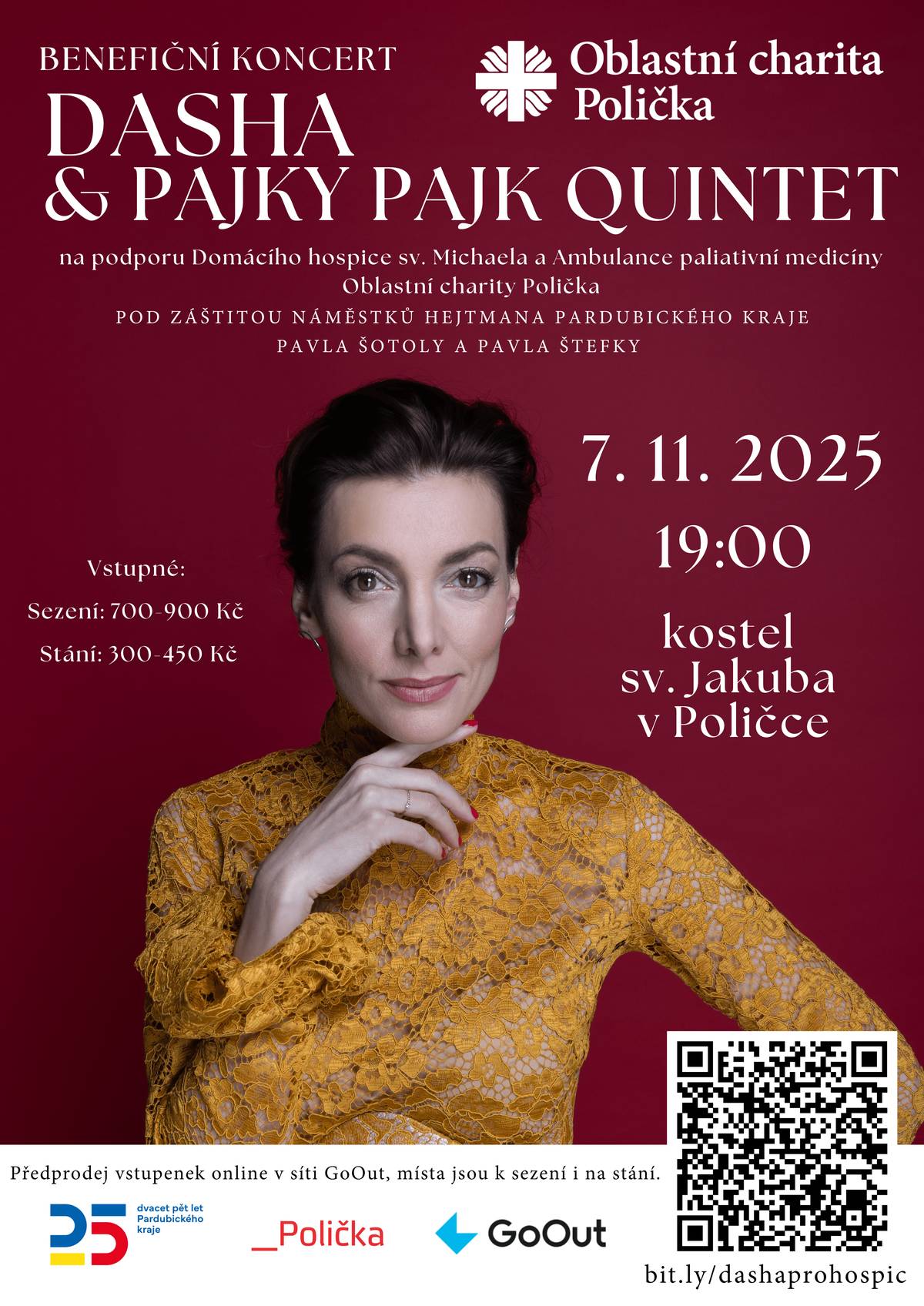 Dovolujeme si Vás srdečně pozvat na benefiční koncert na podporu Domácího hospice sv. Michaela a Ambulance paliativní medicíny Oblastní charity Polička. Koncert se koná pod záštitou náměstků hejtmana Pardubického kraje Pavla Šotoly a Pavla Štěfky. Výtěžek z koncertu podpoří péči o umírající a jejich blízké v našem okrese. Pro ještě lepší zážitek budou v lodích kostela instalovány širokoúhlé televize s přímým přenosem obrazu. Předprodej vstupenek v síti GoOut. Děkujeme za podporu a těšíme se na společné setkání. Oblastní charita Polička