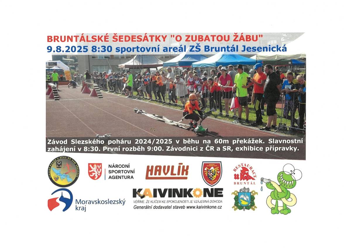 Pěkný den všem, jménem SDH Staré Heřminovy, organizátora soutěže, Vás srdečně zveme na soutěž mladých hasičů v běhu na 60 m s překážkami. Letos se jedná již o desátý ročník. Za tu dobu získala soutěž pod názvem Bruntáské šedesátky "O zubatou žábu" svou prestiž. Soutěž je zařazena v sérii závodů Slezského poháru 2025 a je kvalifikační soutěží na Mistroství ČR v této disciplíně. Naši mladí hasiči se po dvou závodech drží na předních pozicicích. Petr bojuje o vítězství v celém seriálu závodů a je adeptem na MČR. Závody se konají v sobotu 9.8.2025 od 9:00 hod. ve sportovním areále 1. základní školy v Bruntále, Jesenická ulice (před bývalým Selikem). Přijďte nasát atmosféru závodu mladých, ohodnotit jejich bojovnost a odvahu a taky tak trochu fandit našim mladým hasičům.  Díky za účast i podporu.  Dana Skotnicová, vedoucí mládeže SDH Staré Heřminovy