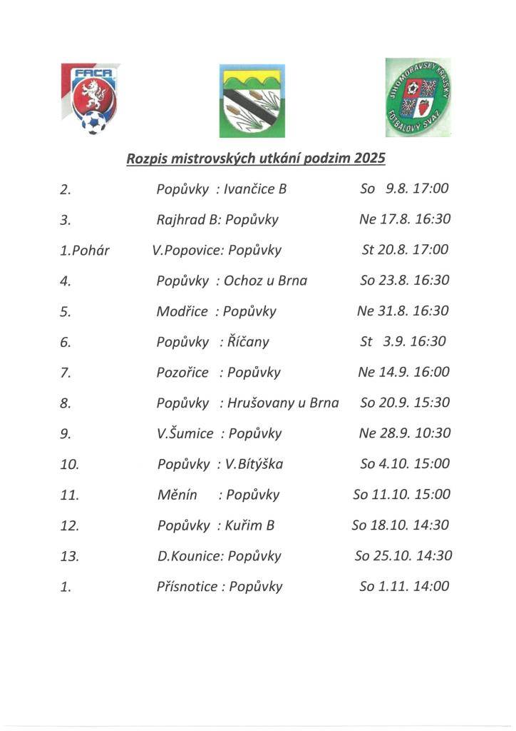Rozpis mistrovských utkání podzim 2025
