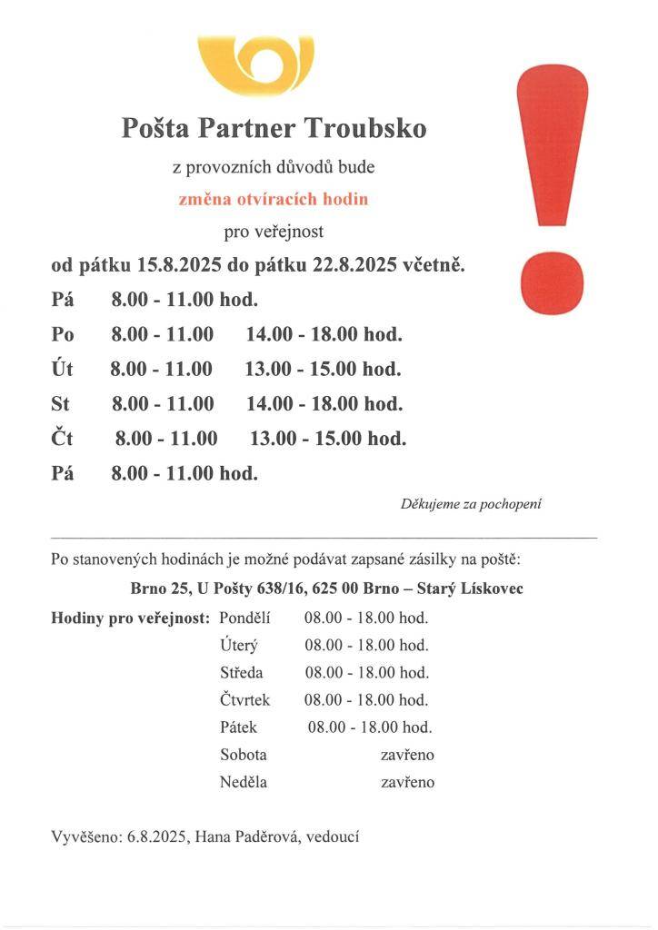 Změna otvíracích hodin - pošta Partner Troubsko