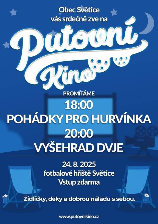 Zveme vás na letní kino pod širým nebem! 🎬 Přijďte si užít večer plný filmů, pohody a dobré nálady.  📅 Kdy: 24. srpna 2025 📍 Kde: fotbalové hřiště Světice 🎥 Promítáme: 18:00 – Pohádky pro Hurvínka 20:00 – Vyšehrad DVJE 🪑 Vezměte si s sebou deky, židličky a dobrou náladu. 🎟️ Vstup zdarma!  Těšíme se na vás! Obec Světice  Zde je oficiální trailer k filmu Vyšehrad Dvje (2025): https://youtu.be/cu_D4E_IiuY - vhodné od 15 let
