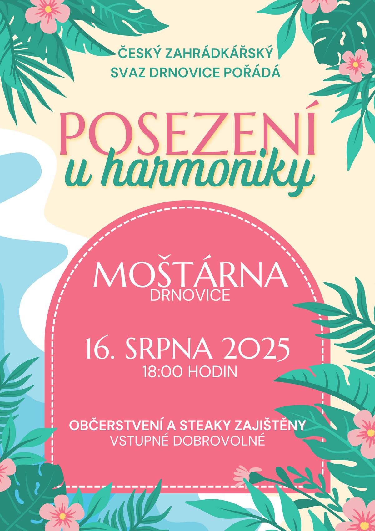 1) Hospůdka na molech vás zve na grilované makrely, a to v sobotu 9.8.2025 od 16:00h. 2) Ordinace MUDr. Marie Vyhňákové nebude ordinovat v pondělí 11.8.2025. Dále bude čerpat dovolenou v termínu od 18.8.2025 do 22.8.2025. Zastupuje ordinace MUDr. Emanuel Škvařil. Zajistěte si, prosím, svoji medikaci a potřebnou administrativu s předstihem. 3) Základní organizace českého zahrádkářského svazu v Drnovicích si Vás dovoluje pozvat na tradiční posezení s harmonikou, které se bude konat v sobotu 16. srpna od 18:00 hodin v moštárně. Občerstvení a steaky jsou zajištěny, vstupné je dobrovolné. 4) Klub seniorů pořádá ve středu 17.9.2025 zájezd na hrad Bouzov a do muzea tvarůžků Loštice. Cena je 400,- Kč, hlásit se můžete u paní Prchalové do konce srpna.