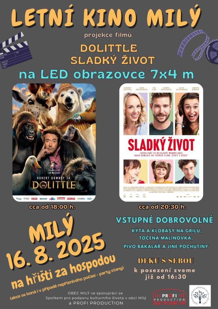 16.8.2025 od 16:30 zveme všechny k letnímu posezení na hřišti za hospodou. Projekce na LED obrazovce 7x4m -cca v 18h. nejen pro děti film Dolittle a výborně obsazená česká komedie Sladký život cca od 20:30. K jídlu klobásy a kýta na grilu, pivo, limo. Vstupné dobrovolné. V případě deště-party stany