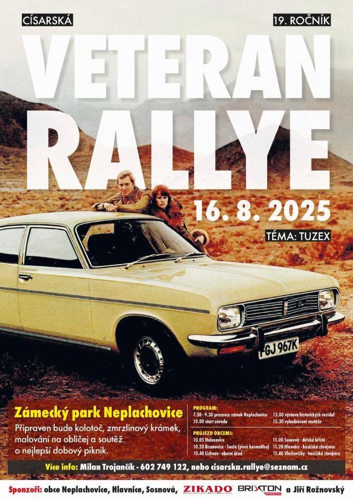 Příznivci historických vozidel Vás srdečně zvou na 19. ročník Císarské veteran rallye. Zastávka v naší obci je plánovaná od 11 hod.