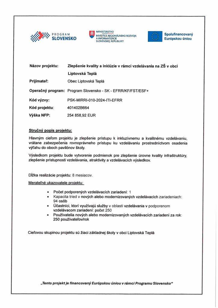 Zlepšenie kvality a inklúzie v rámci vzdelávania na ZŠ v obci  Liptovská Teplá