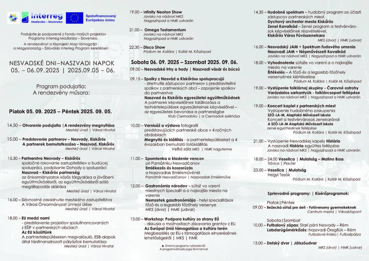 Príďte na Nesvadské dni 2025, ktoré sa uskutočnia 5. a 6. septembra. Tento bezplatný festival ponúkne program pre celú rodinu a podporí činnosť miestnej komunity.