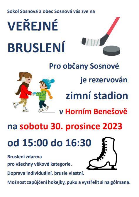 V sobotu 30.12.2023 proběhne veřejné bruslení na zimním stadionu v Horním Benešově. Poté bude následovat přátelské utkání mezi LESKOVEC n. MOR.    vs  SOSNOVÁ.