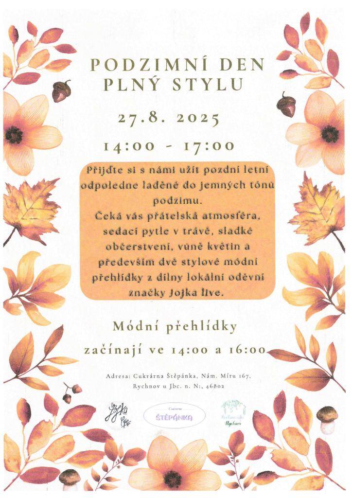 Pojďte se podívat na stylové módní přehlídky z dílny lokální oděvní značky Jojka live.  Kdy: středa 27. 8. 2025  Kde: Cukrárna Štěpánka v Rychnově n.N.  V kolik: 14.00 - 17. 00 hodi