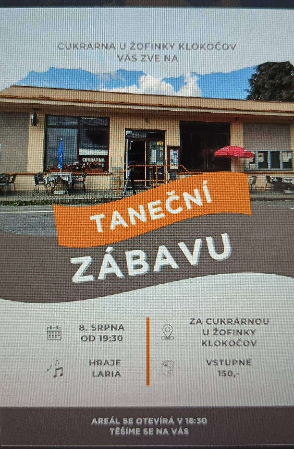 Zveme Vás na taneční zábavu 8.8.2025 od 19.30 hod. pod pergolou u klubovny SDH Klokočov.