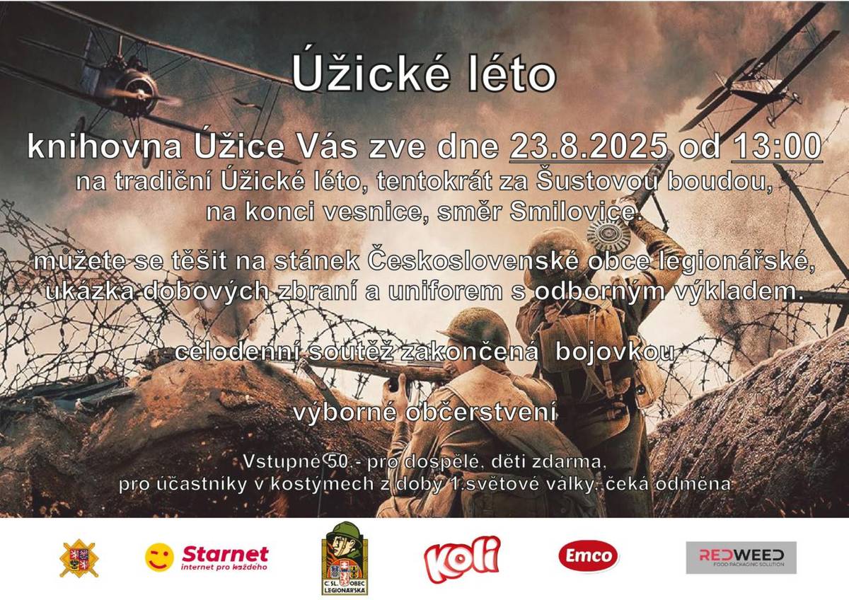 Knihovna Úžice zve na tradiční Úžické léto, které se uskuteční 23. srpna 2025. Přijďte si užít den plný zábavy, soutěží a občerstvení za Šustovou boudou.