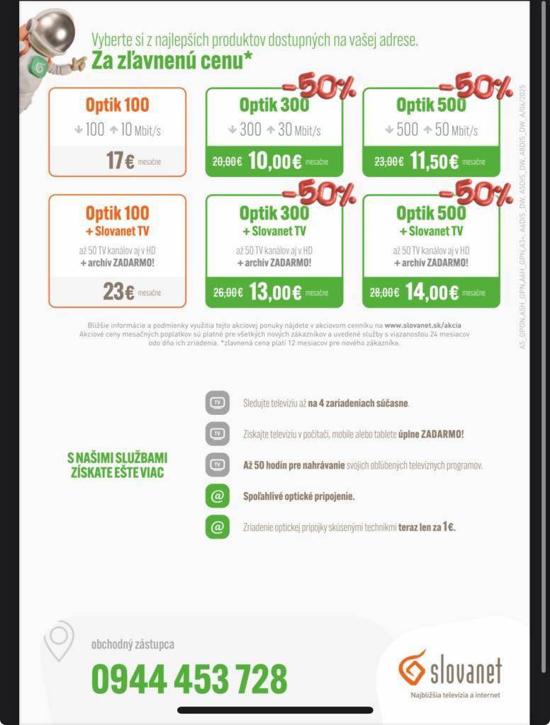 Telekomunikačná spoločnosť Slovanet vybudovala v našej obci nové optické internetové pripojenie. Nová technológia prináša vyššie rýchlosti internetu až do 500 Mbit, stabilné pripojenie a televíziu s ponukou až 120 staníc a bezplatným archívom vysielania.