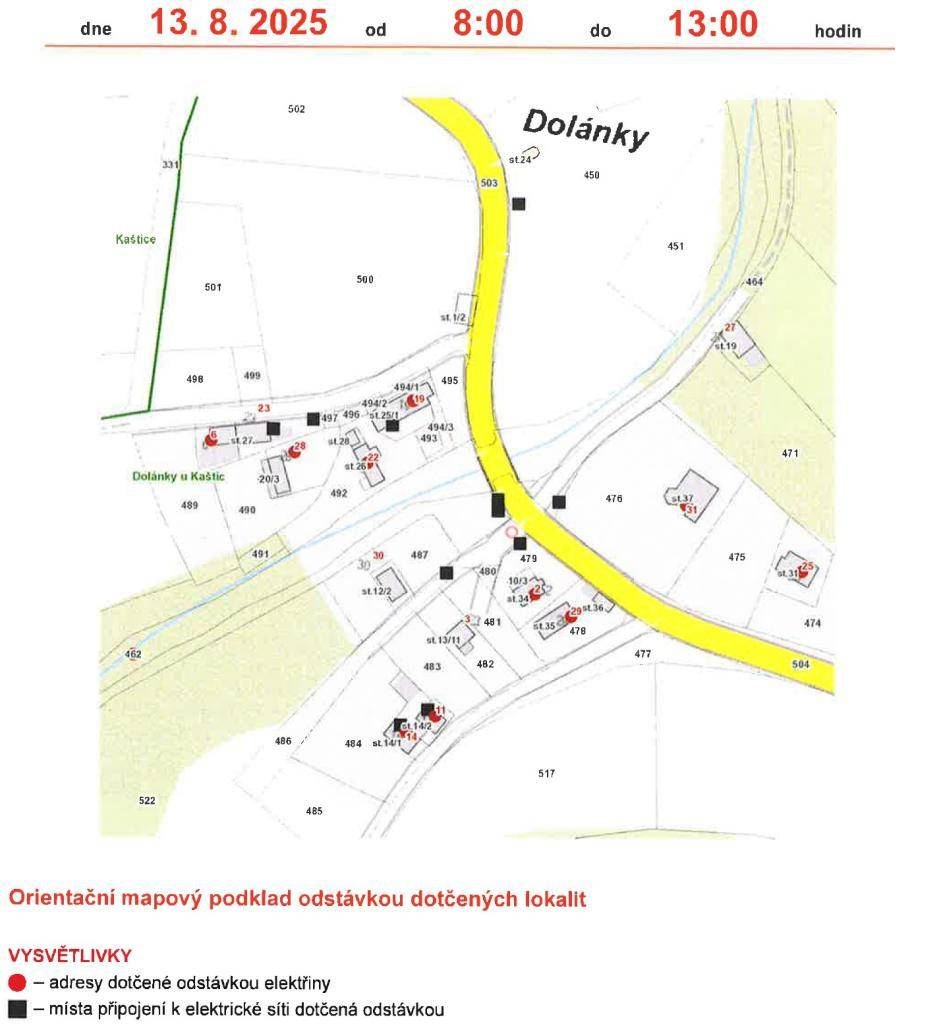 Dne 13.8.2025 od 8:00 do 13:00 hodin bude plánovaná odstávka elektřiny v obci Dolánky.