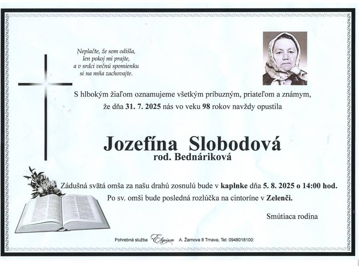 p. Jozefína Slobodová, rod. Bednáriková