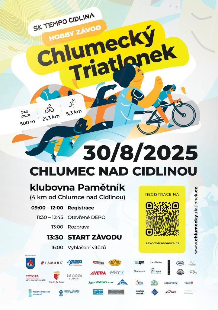 17. ročník Hobby triatlonu pro milovníky sportu v přírodě - 500 m plavání v písáku - 20 km kolo po silničkách v okolí Chlumce nad Cidlinou - běh 5 km. Sport, zábava, pohoda. Občerstvení zajištěno.