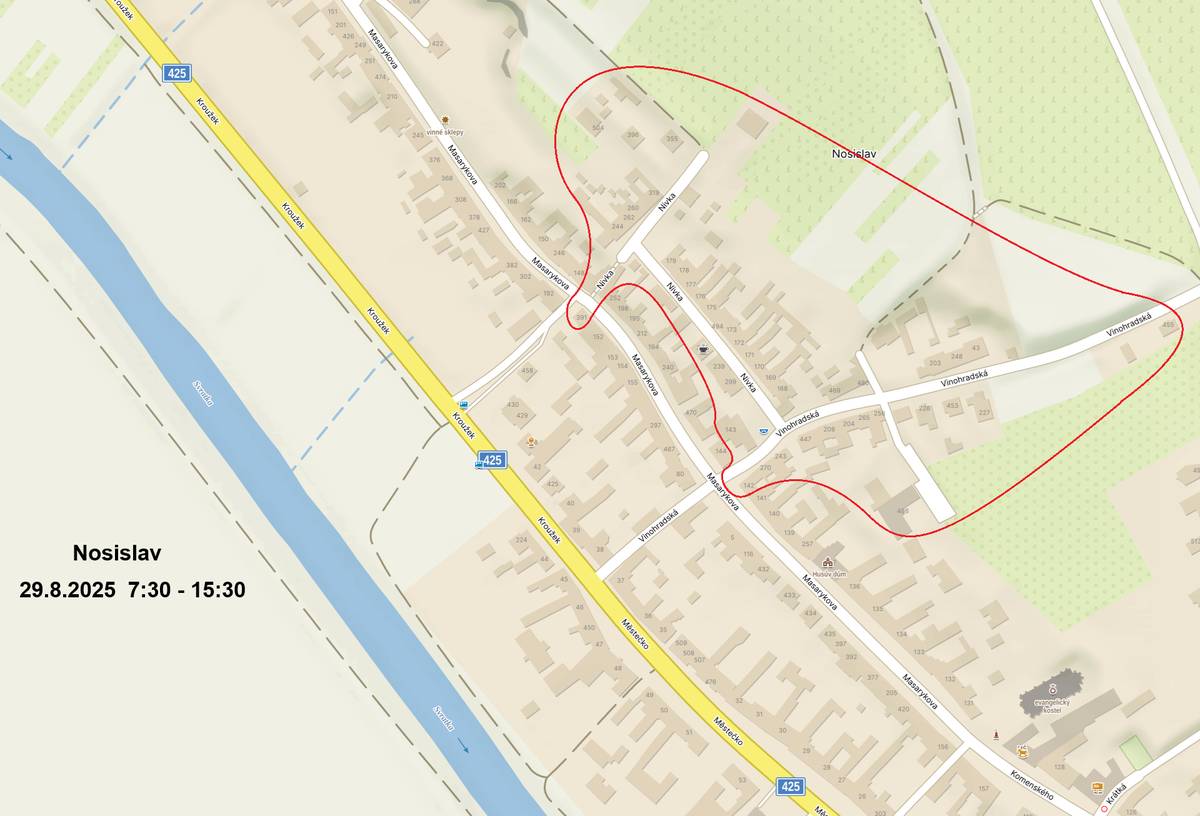 V důsledku přepojování přípojek v ul. Nivka bude přesrušena dodávka El NN dne 29.8.2025 - ul. Nivka, Vinohradská a okolí - viz mapa