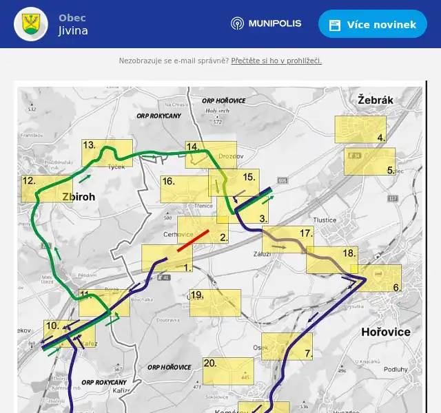 V termínu od 18.8 do 7.9. (2.etapa) a 8.9-5.10.2025 (3.etapa) bude probíhat rekonstrukce silnice II/605 mezi Cerhovicemi a nájezdem na dálnici D5 ve směru na Kařez. Přes naši obec povede objízdná trasa s vyloučením nákladních vozidel nad 12t. Prosím dbejte zvýšené opatrnosti z důvodu nárůstu dopravní zátěže.