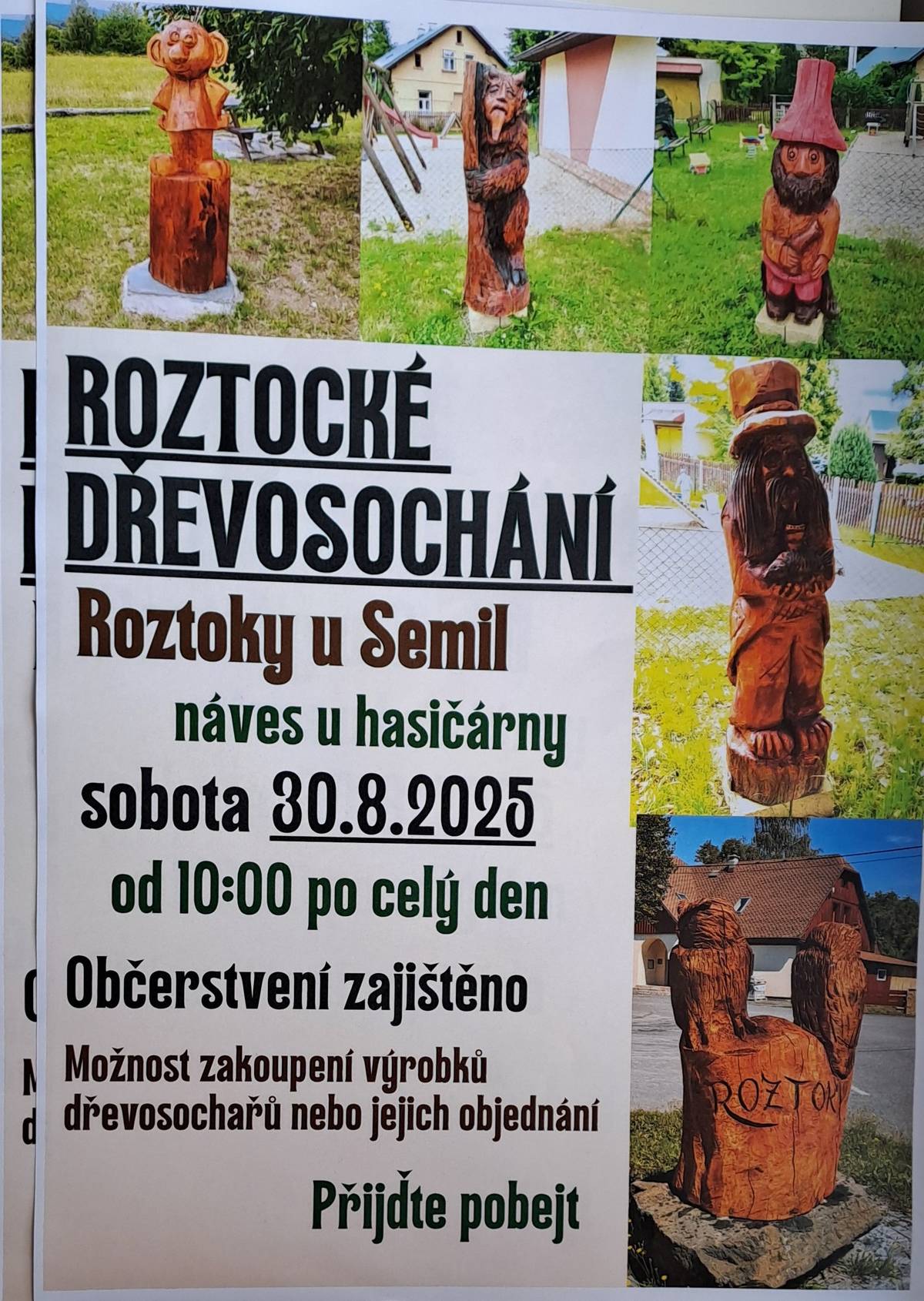 Dřevosochání: v sobotu 30.8.2025 proběhne celodenní akce u hasičárny od 10 hod. Občerstvení zajištěno - kotlíkový guláš, klobásy z udírny. Přijďte pobejt!!!