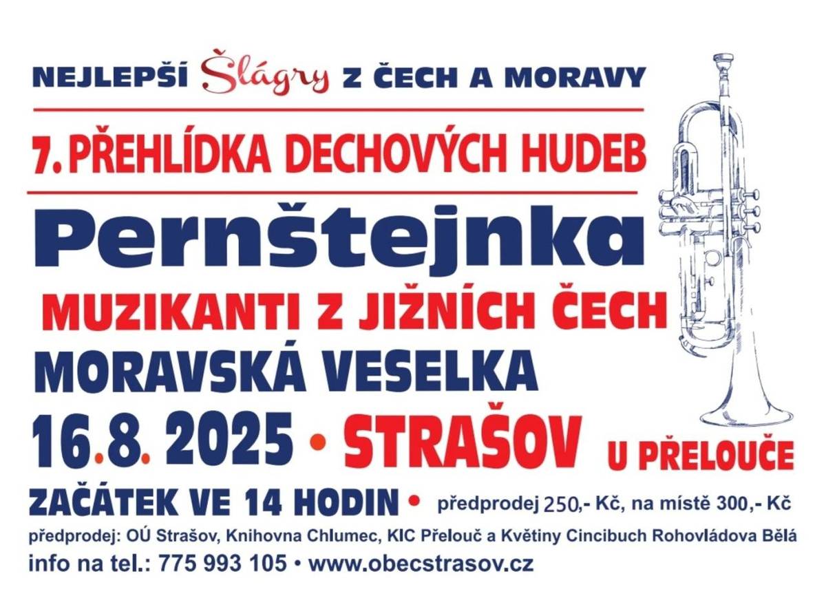Dne 16. srpna 2025 se v obci Strašov uskuteční Přehlídka dechových hudeb. Těšit se můžete na vystoupení kapel jako Pernstejnka, Muzikanti z Jižních Čech a Moravská Veselka.