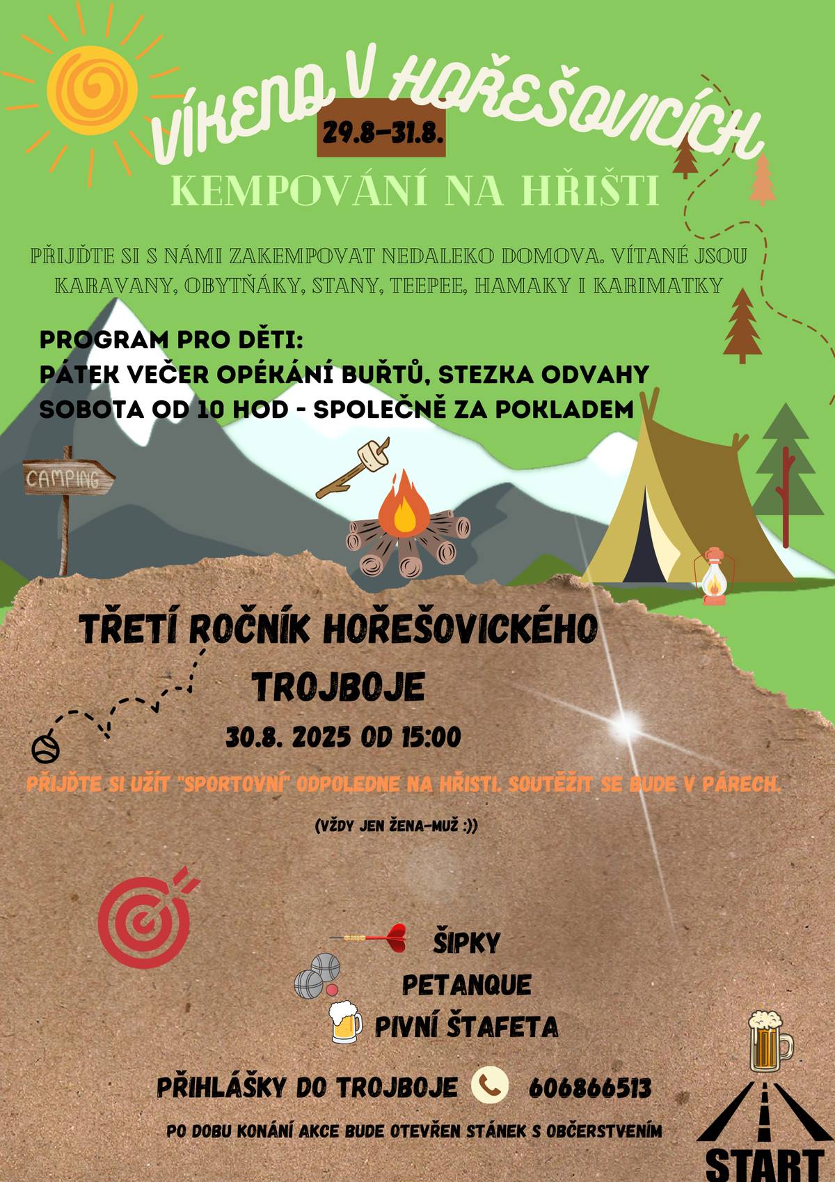 Přijďte zakončit letní prázdniny kempováním na hřišti a třetím ročníkem Hořešovického troboje.