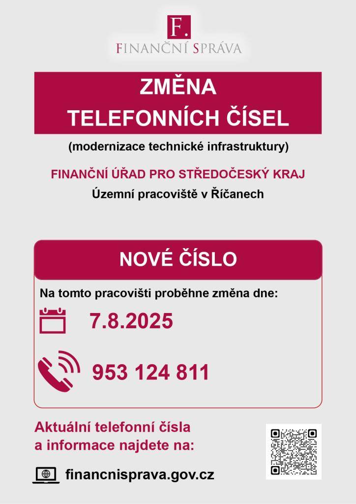 Od 7.8.2025 se mění z důvodů modernizace technické infrastruktury kontaktní telefonní číslo pracoviště FÚ v Říčanech.