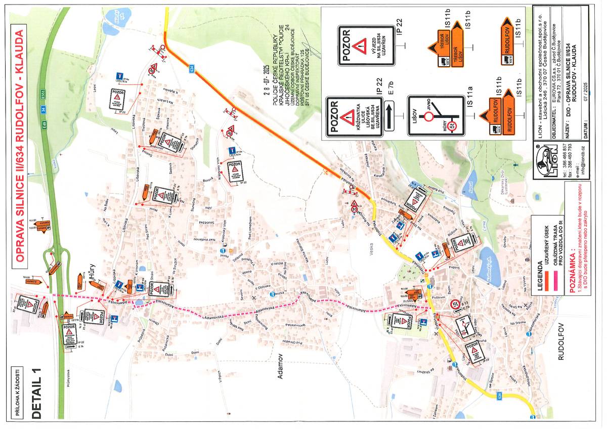 Vážení občané, od 11. 8. do 5. 9. 2025 bude probíhat oprava silnice II/634 Rudolfov – Klauda (Třeboňská ulice) v úseku od Jivenské ulice až za zatáčku u motorestu Florida. Na tuto komunikaci nebude možný vjezd z Lišovské ulice a z ulice Královský Vrch. Informace k uzavírce a objízdné trase jsou zveřejněny na webových stránkách a vývěskách obce. Obec Adamov https://www.adamovcb.eu/urad/uredni-deska/verejna-vyhlaska111112.html