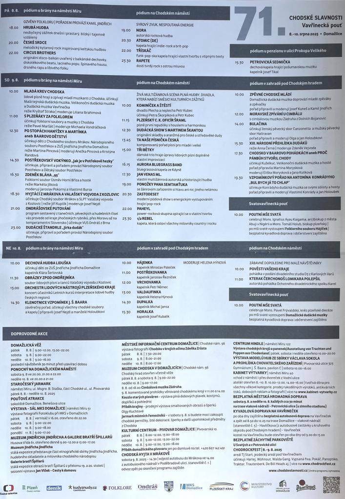 Program na CHODSKÉ SLAVNOSTI a Vavřineckou pouť 8.- 10. srpna 2025 v  Domažlicích