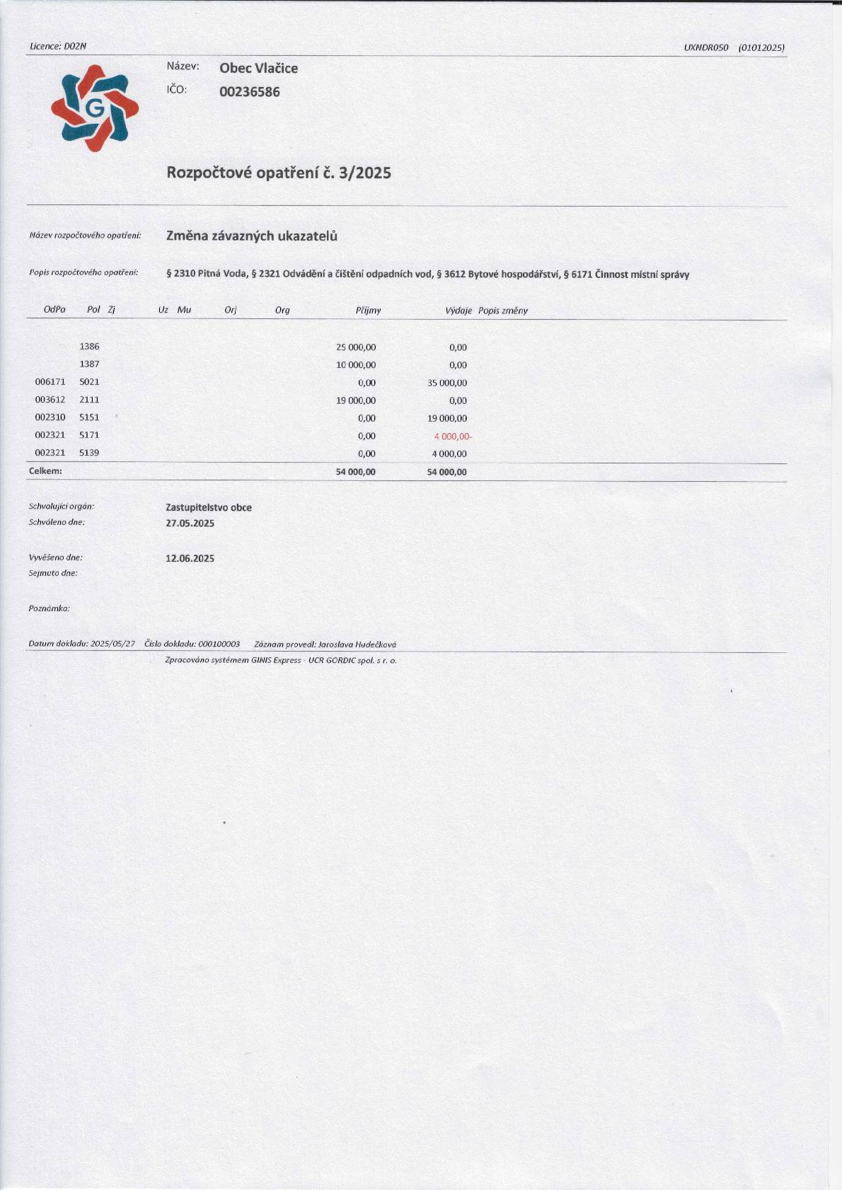 Rozpočtové opatření č.3/2025