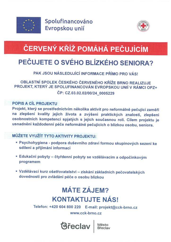 Český červený kříž v Brně nabízí projekt zaměřený na neformální pečující o seniory, jehož cílem je zlepšení kvality jejich života a posílení jejich kompetencí.