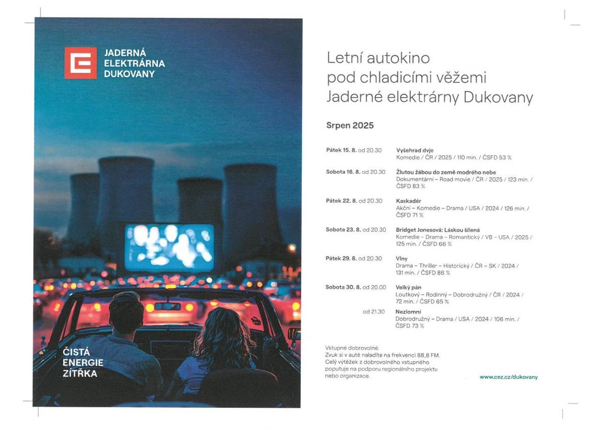 Už podeváté připravili energetici další porci filmových večerů, pro které se staly symbolem chladicí věže Jaderné elektrárny Dukovany. Výjimečnost dukovanského autokina spočívá nejen v originální filmové nabídce, ale také v jedinečné atmosféře jaderné elektrárny i v největší projekční ploše u nás.