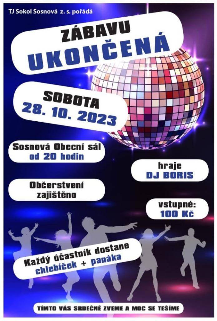 TJ Sokol Sosnová pořádá dne 28.10.2023 tradiční zábavu v obecním sále.