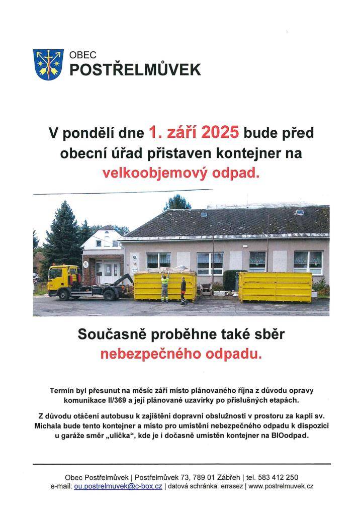 V pondělí dne 1. září 2025 proběhne sběr velkoobjemového a nebezpečného odpadu.