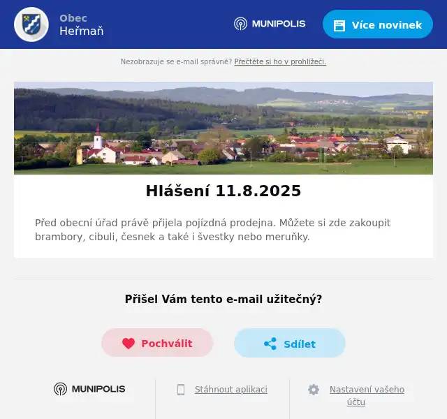Před obecní úřad právě přijela pojízdná prodejna. Můžete si zde zakoupit brambory, cibuli, česnek a také i švestky nebo meruňky.