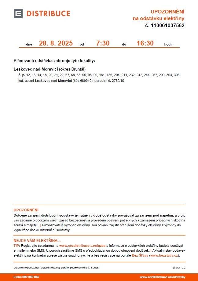Plánované přerušení dodávky elektrické energie v katastru obce Leskovec nad Moravicí z důvodu prací na distribuční soustavě. https://www.leskovecnadmoravici.eu/urad-2/uredni-deska/upozorneni-na-odstavku-elektriny-smer-k-vode-927.html?kshow=3