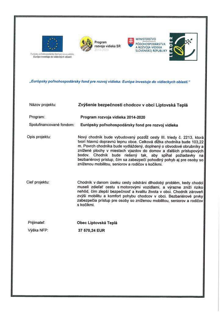 Zvýšenie bezpečnosti chodcov v obci Liptovská Teplá