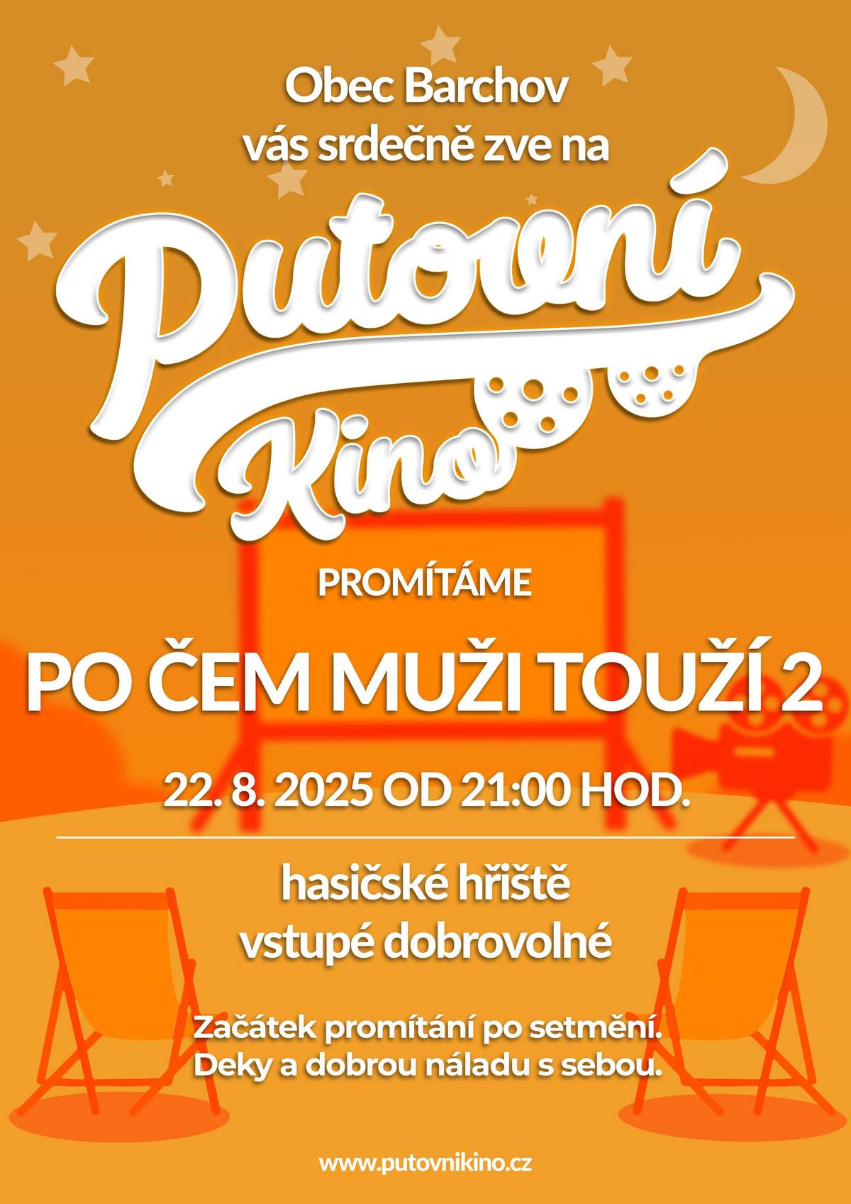 Tradiční promítání na hasičském závodišti se koná 22. 8. 2025 po setmění. Veškeré informace jsou na plakátu.