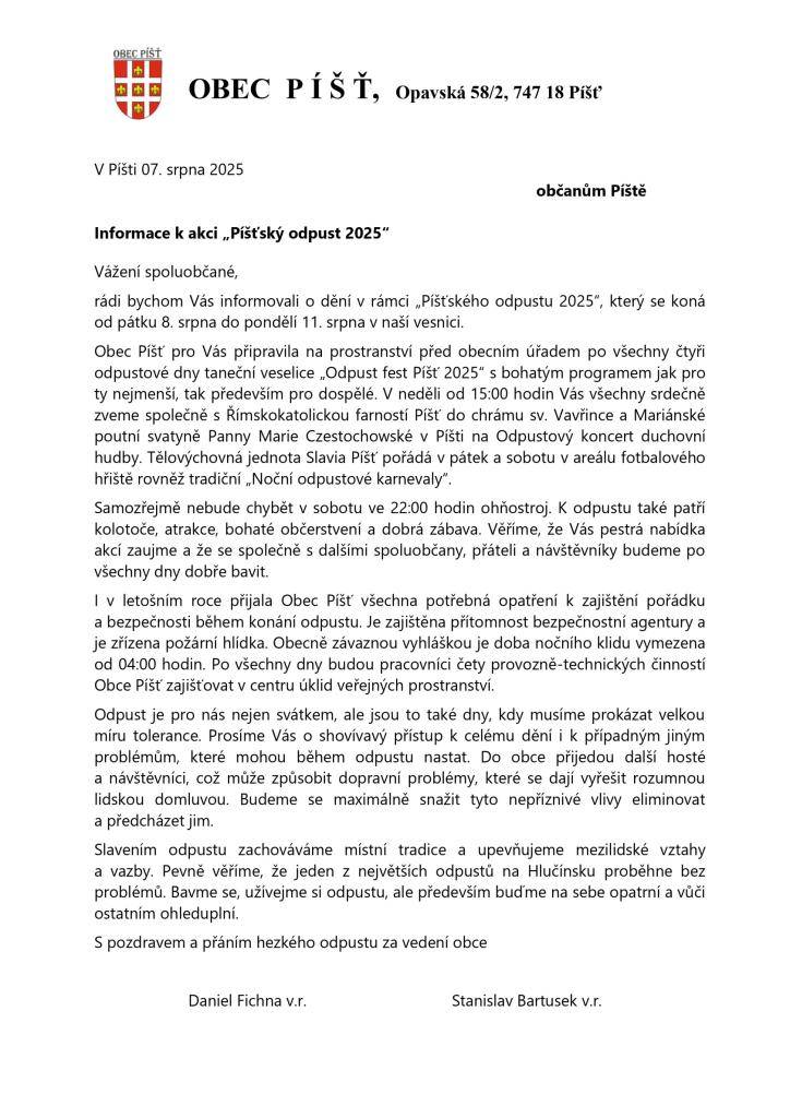 Informace občanům Píště k akci Píšťský odpust 2025