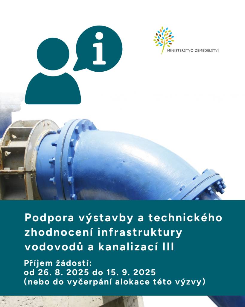Od 26. 8. do 15. 9. 2025 (nebo do vyčerpání alokace) je otevřen příjem žádostí do programu MZe:  „Podpora výstavby a technického zhodnocení infrastruktury vodovodů a kanalizací III“. Dotace až 70 % uznatelných nákladů, max. 50 mil. Kč na projekt.