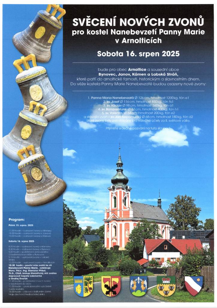 V sobotu 16. srpna 2025 svěcení nových zvonů pro kostel Nanebevzetí Panny Marie v Arnolticích