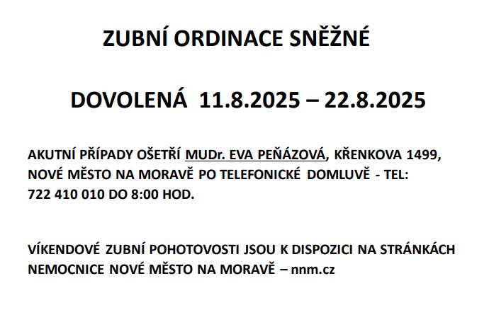 Zubní ordinace Sněžné informuje o termínu dovolené a možnostech ošetření v průběhu zavřené ordinace.