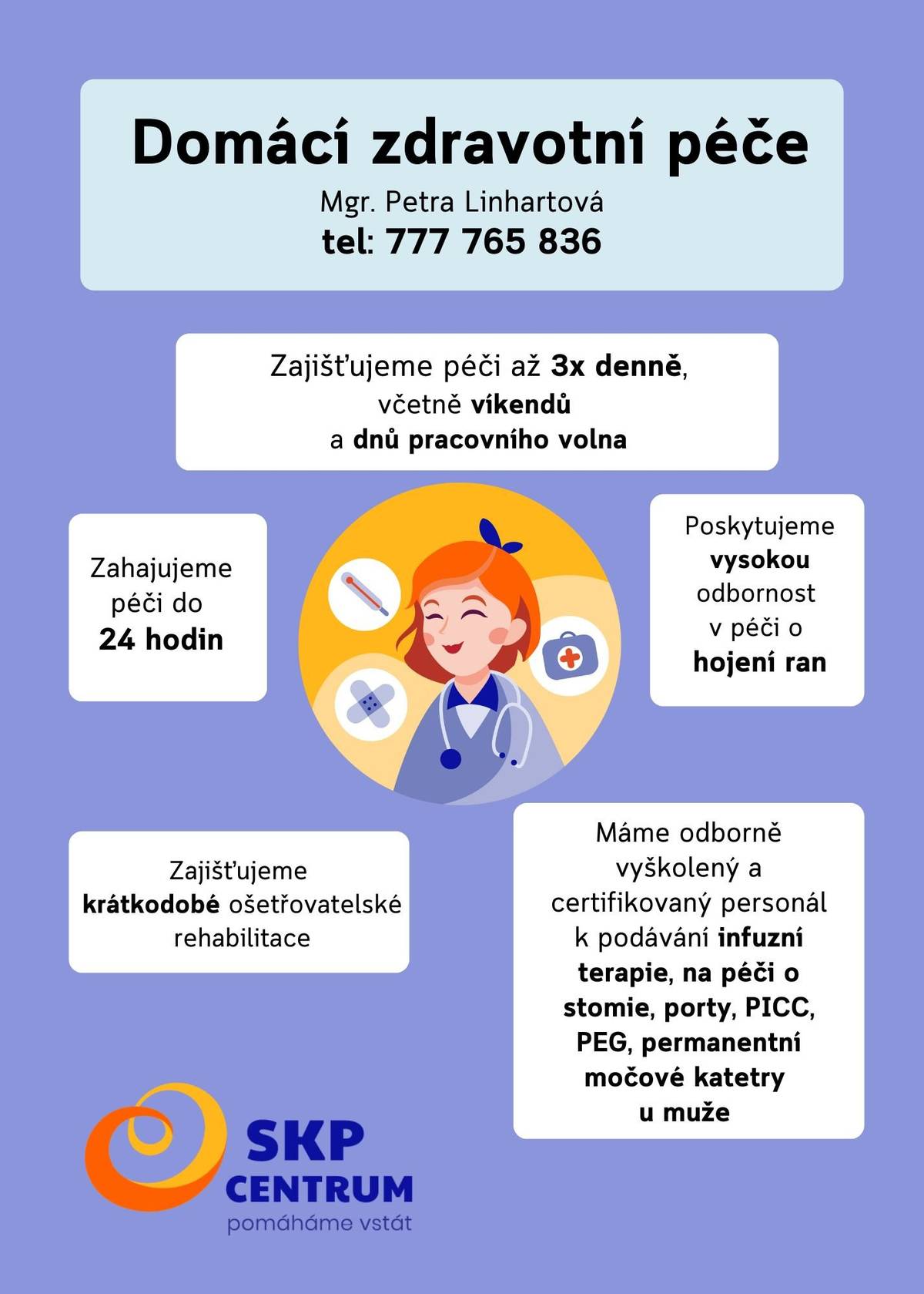 Domácí zdravotní péče – odborná pomoc až k vám domů Když nás zdraví zradí, nemusí být jediným řešením hospitalizace nebo časté návštěvy lékaře. Existuje i možnost, jak získat potřebnou zdravotní péči v pohodlí vlastního domova – říká se jí domácí zdravotní péče. Tuto službu poskytují kvalifikované zdravotní sestry přímo u pacienta doma. Může jít o pravidelné kontroly zdravotního stavu, převazy ran, aplikaci injekcí, péči o katétry nebo třeba rehabilitační cvičení. Domácí péče je vhodná pro seniory, osoby po úrazu nebo operaci, ale i pro dlouhodobě nemocné. Velkou výhodou je, že pacient zůstává ve známém prostředí, kde se cítí bezpečně a pohodlně. Domácí péče zároveň uleví rodinám – poskytuje jim podporu, informace a jistotu, že je o jejich blízkého odborně postaráno. Péči předepisuje praktický lékař, ale i lékař specialista (chirurg, geriatr, diabetolog aj.) a je hrazena zdravotní pojišťovnou, pro pacienty je tak ZDARMA. Službu domácí péče je vhodné využít v případech, kdy aktuální zdravotní situace neumožňuje navštěvovat pravidelně zdravotnické zařízení a potřebujete zejména: •             kontrolovat zdravotní stav – měřit krevní tlak, hladinu cukru apod., •             podávat medikaci, •             ošetřovat chronické rány a kožní defekty (bércové vředy, proleženiny, pooperační rány), •             pečovat o žilní vstupy, podávat infuzní léčbu (léčba bolesti, zajištění hydratace), •             provádět odběry krve a ostatního biologického materiálu, •             ošetřovatelskou rehabilitaci, •             výměna permanentního močový katétru, péče o střevní vývod (stomii).   Pokud vy nebo někdo z vašich blízkých potřebuje zdravotní pomoc a zároveň má možnost zůstat doma, neváhejte se o domácí zdravotní péči informovat u svého praktického lékaře. Je to šetrné, důstojné a především lidské řešení.                                                                                                     Domácí zdravotní péče, SKP-CENTRUM, o.p.s.