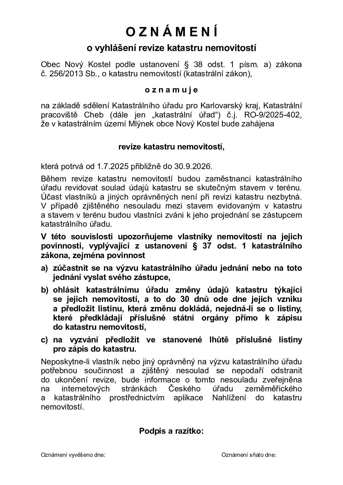 Revize katastru nemovitostí potrvá od 1. 7. 2025 přibližně do 30. 9. 2026.