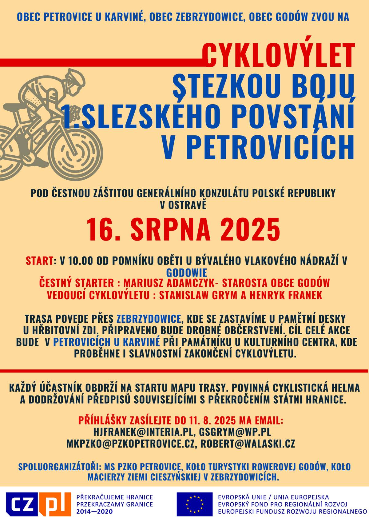 Milí milovníci cyklistiky , dnes je poslední den kdy se můžete hlásit na CYKLOVÝLET. A to na email: mkpzko@pzkopetrovice.cz nebo robert@walaski.cz.   V sobotu se těšíme na společné jízdě.