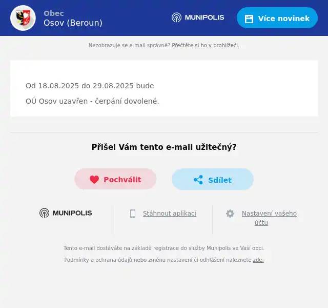  Od 18.08.2025 do 29.08.2025 bude OÚ Osov uzavřen - čerpání dovolené.