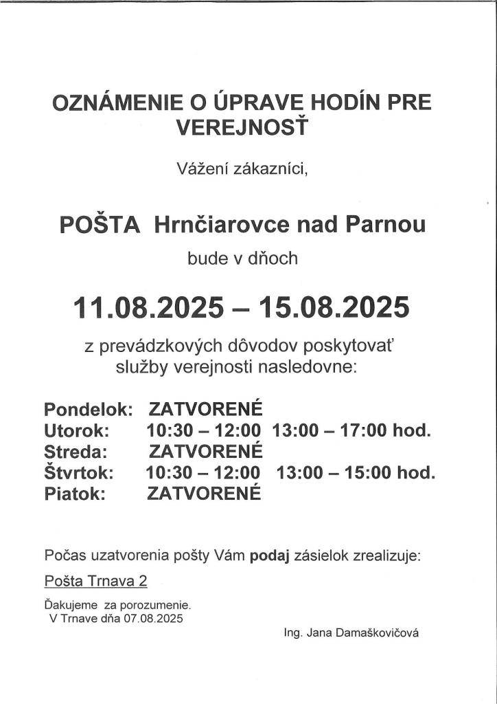 Oznámenie o úprave hodín Pošta Hrnčiarovce