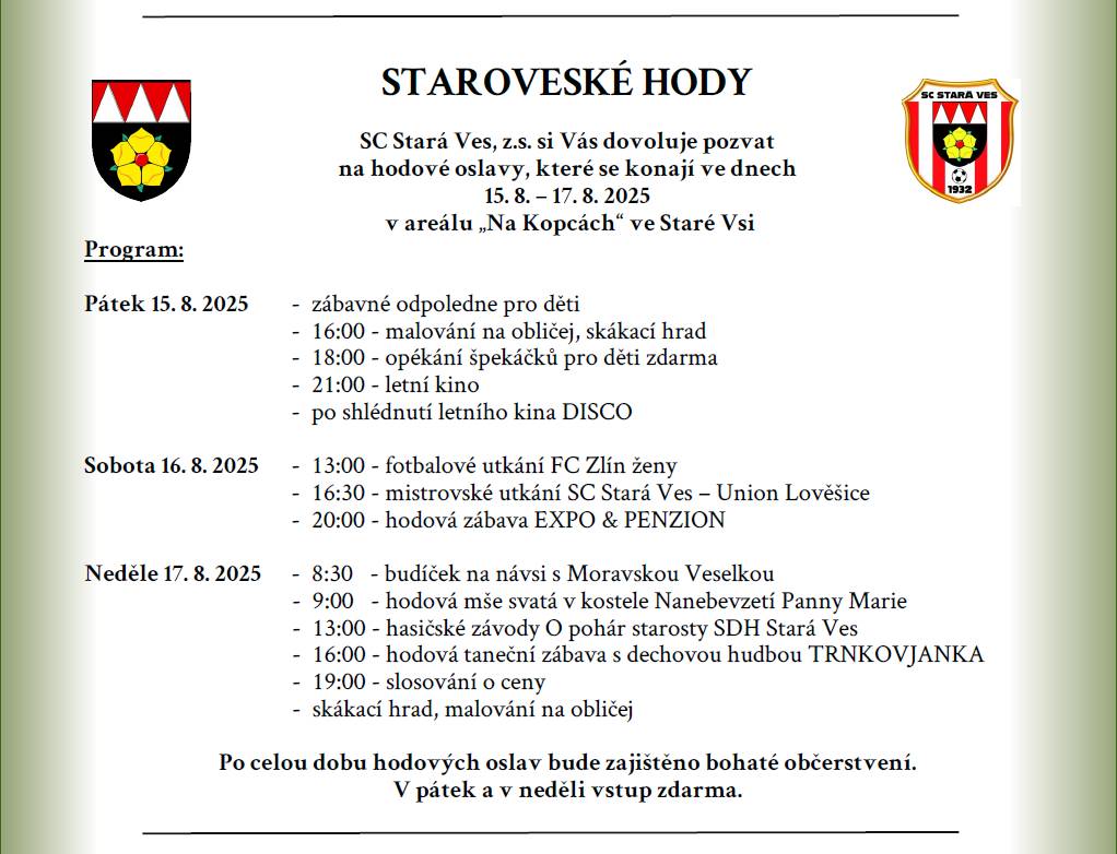 ZMĚNA ZAČÁTKU HODOVÉ MŠE SVATÉ Upozorňujeme občany, že v neděli 17. srpna 2025 proběhne hodová mše svatá v kostele Nanebevzetí Panny Marie v 9:00 hod.
