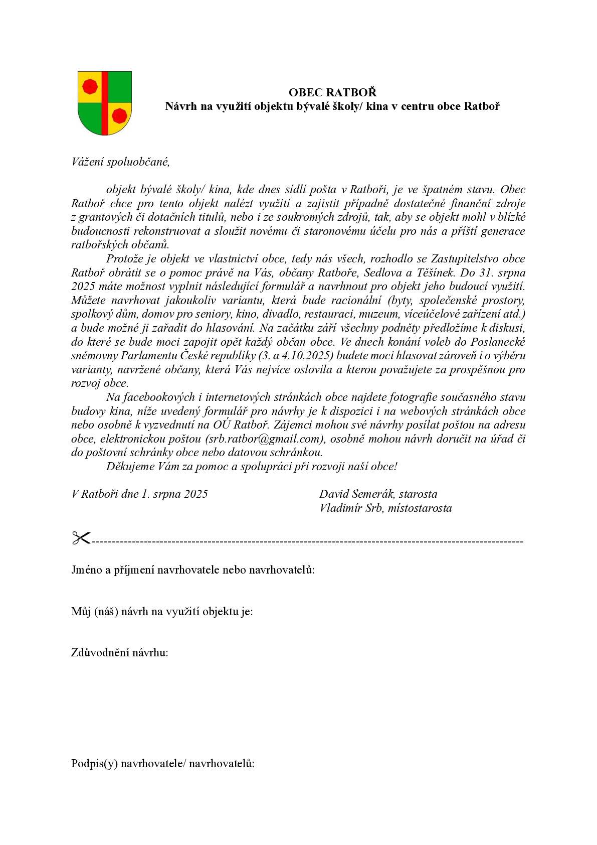 Návrh na využití objektu bývalé školy/kina