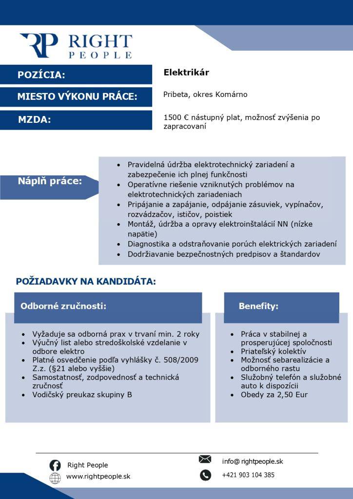 Aktuálna ponuka práce v spoločnosti Right People, s. r. o. na pozíciu stavbyvedúci, elektrikár, senior účtovník, technik BOZP a PO, údržbár.